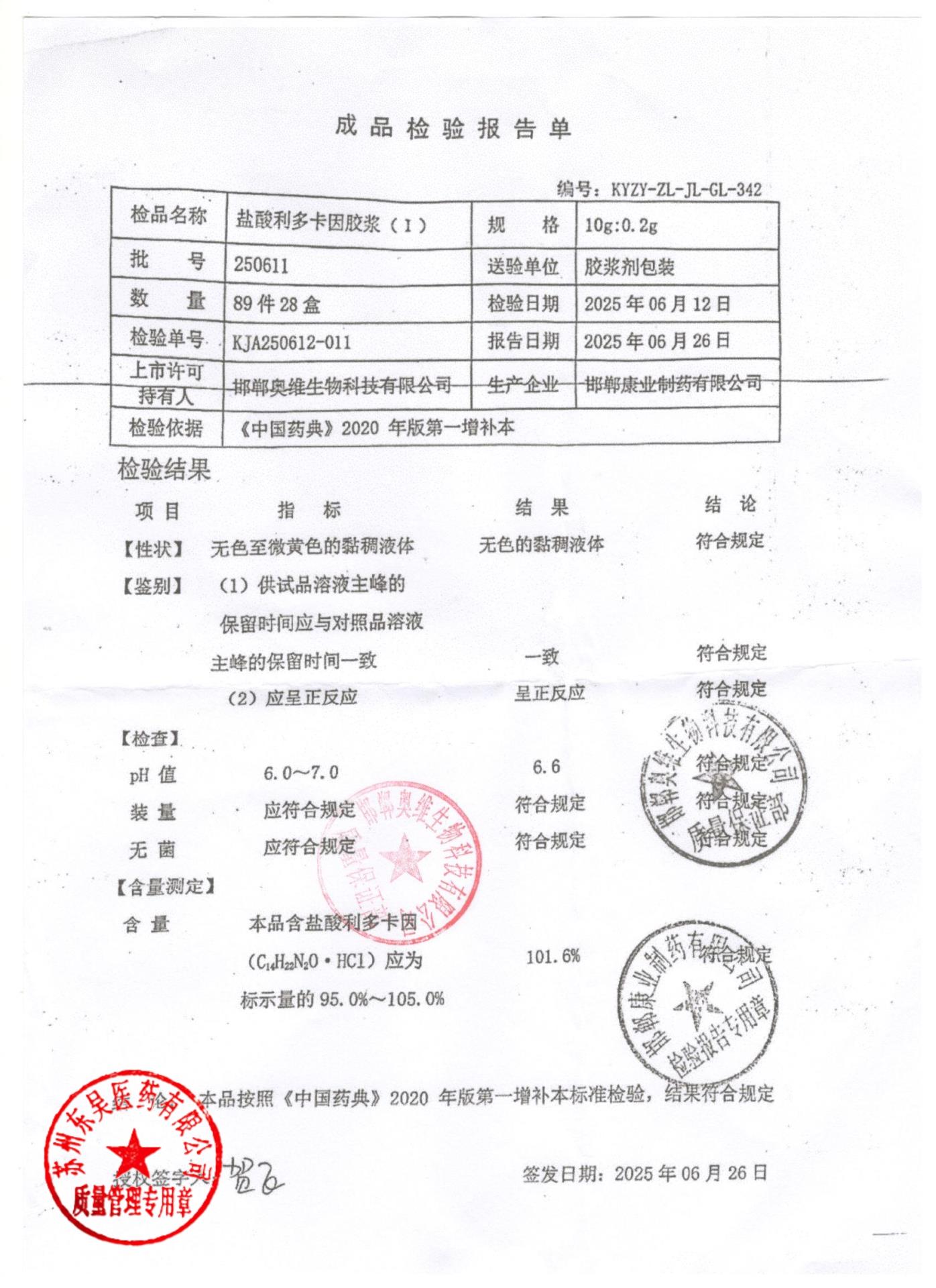 250611盐酸利多卡因胶浆