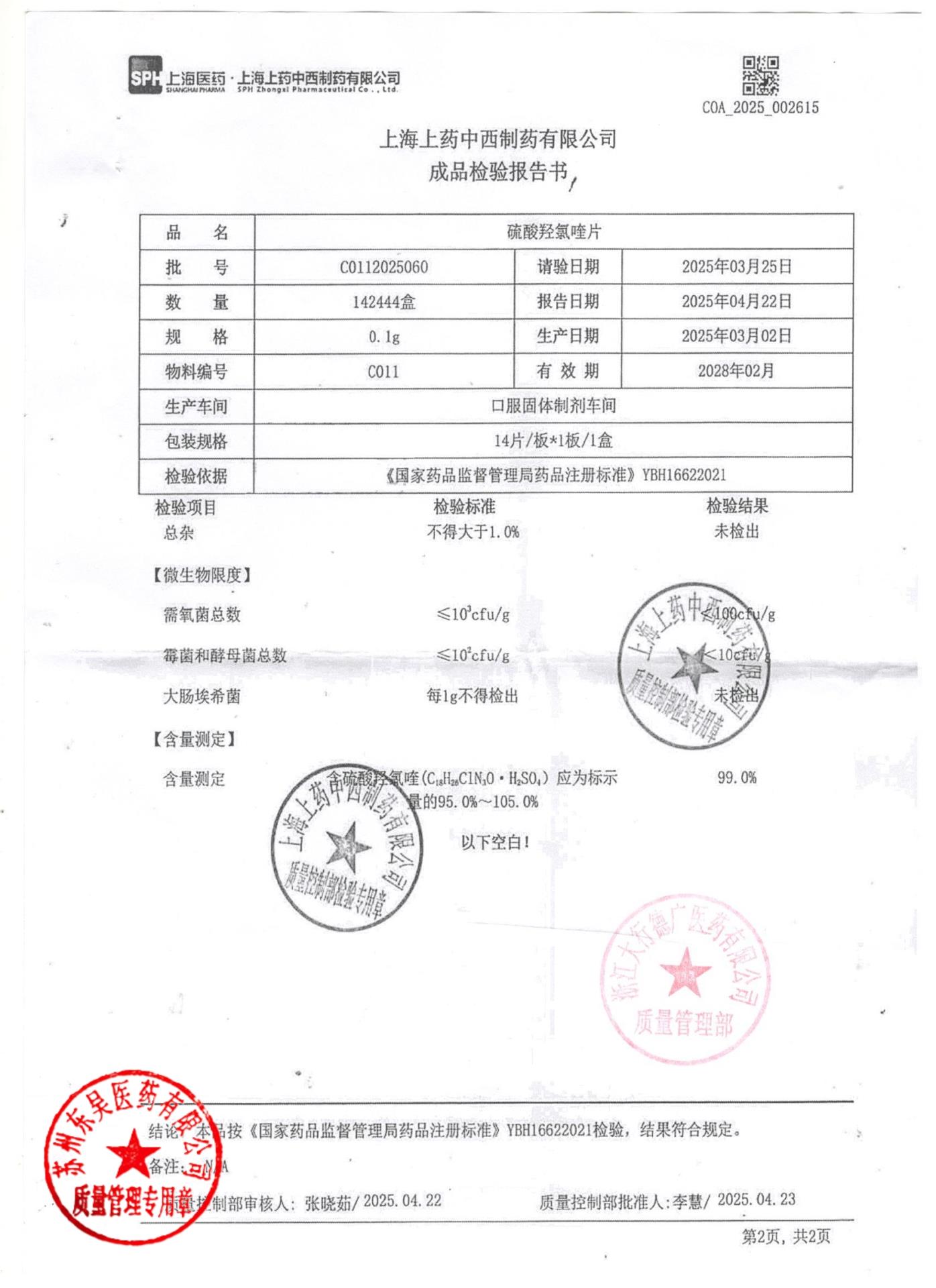 C0112025060硫酸羟氯喹片2