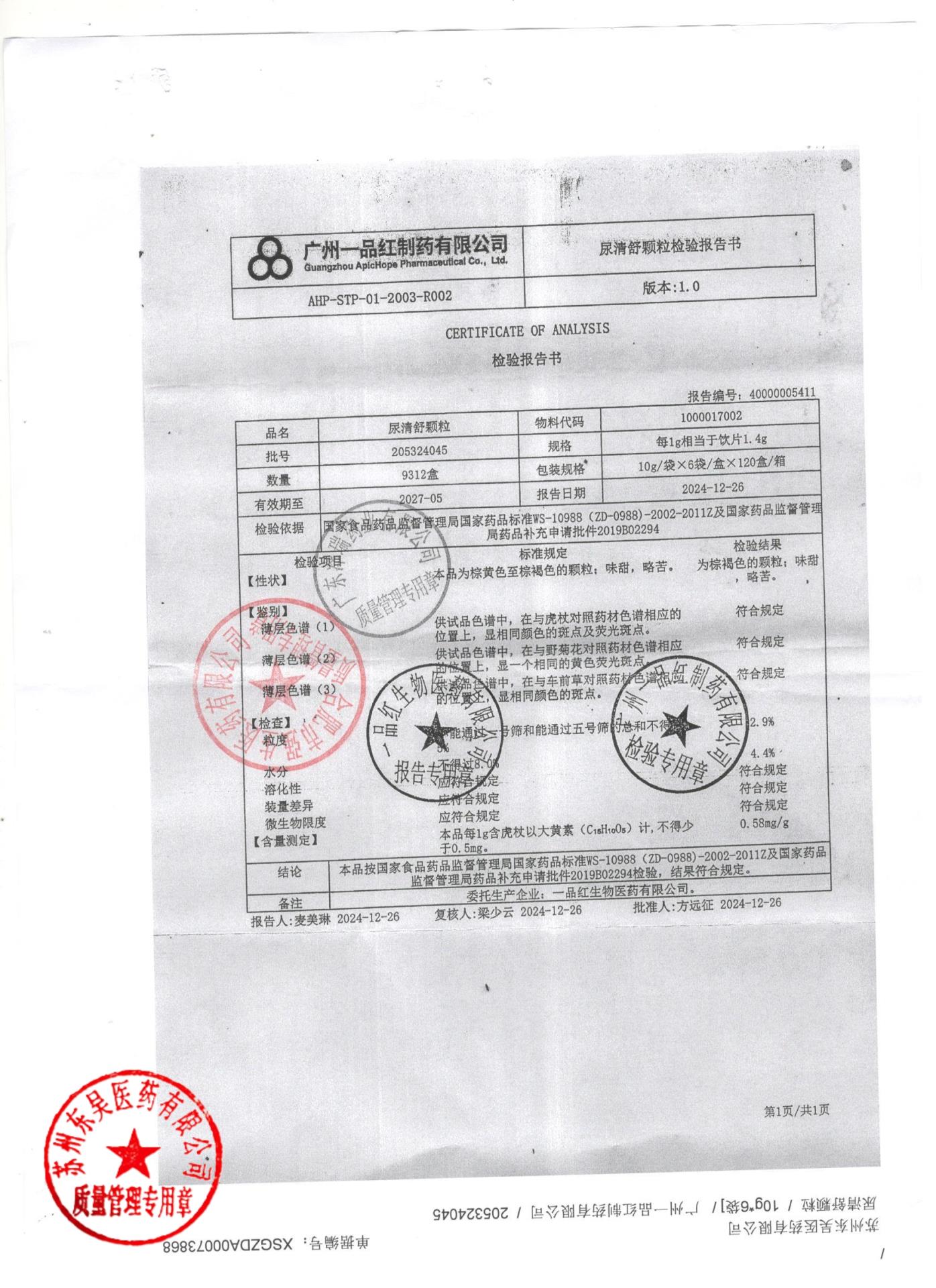 205324045尿清舒颗粒