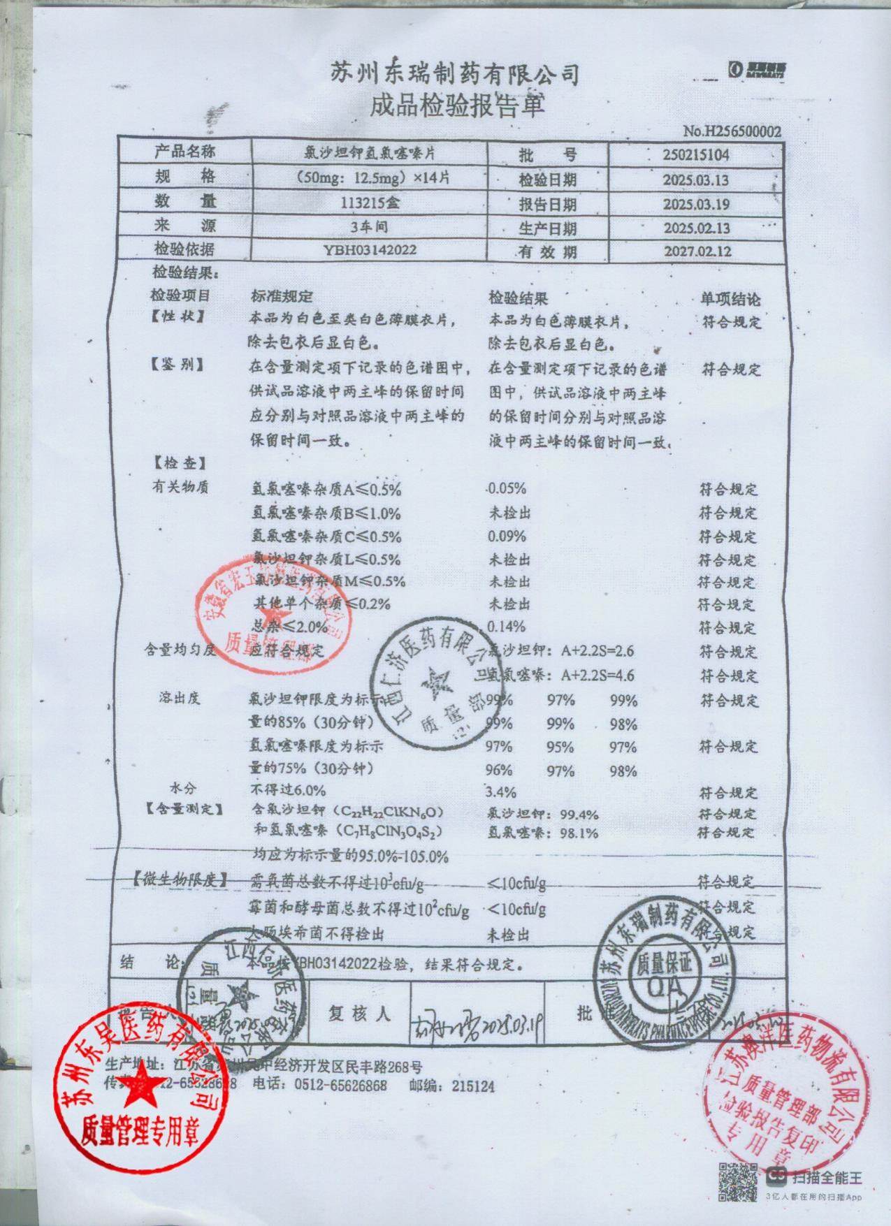 250215104氯沙坦钾氢氯噻嗪片
