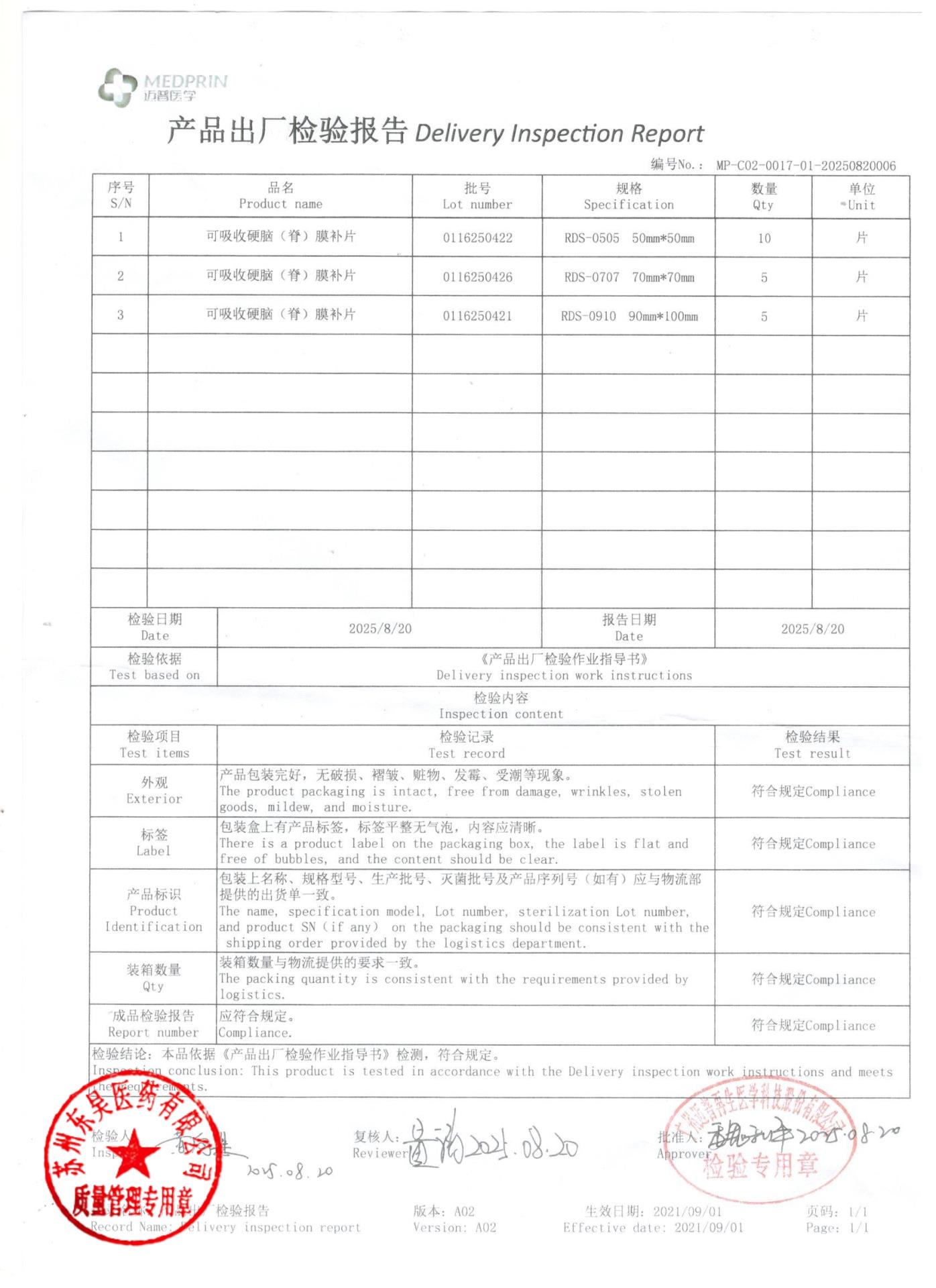 0116250422，0116250426，0116250421可吸收硬脑膜补片