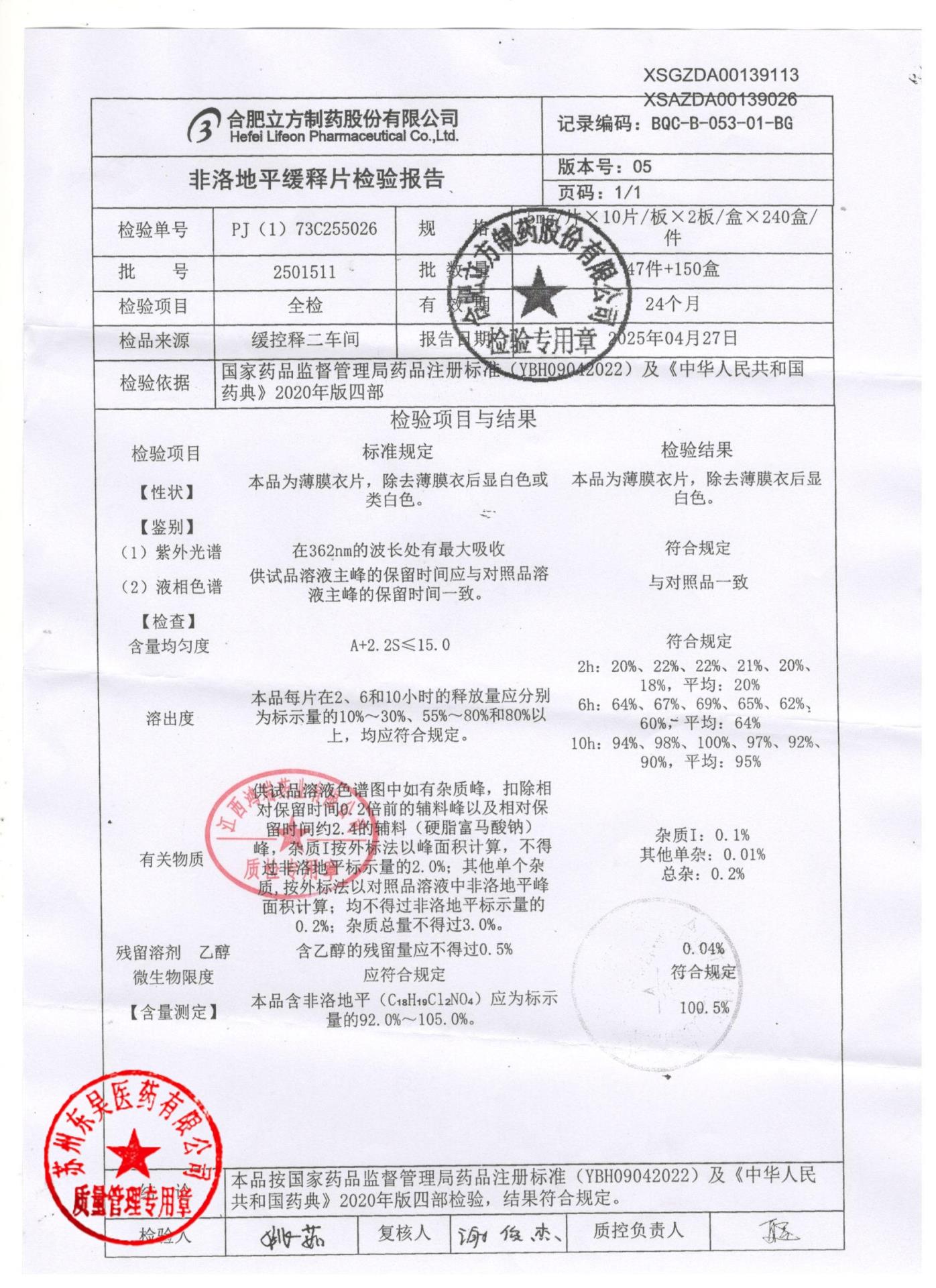 2501511非洛地平缓释片