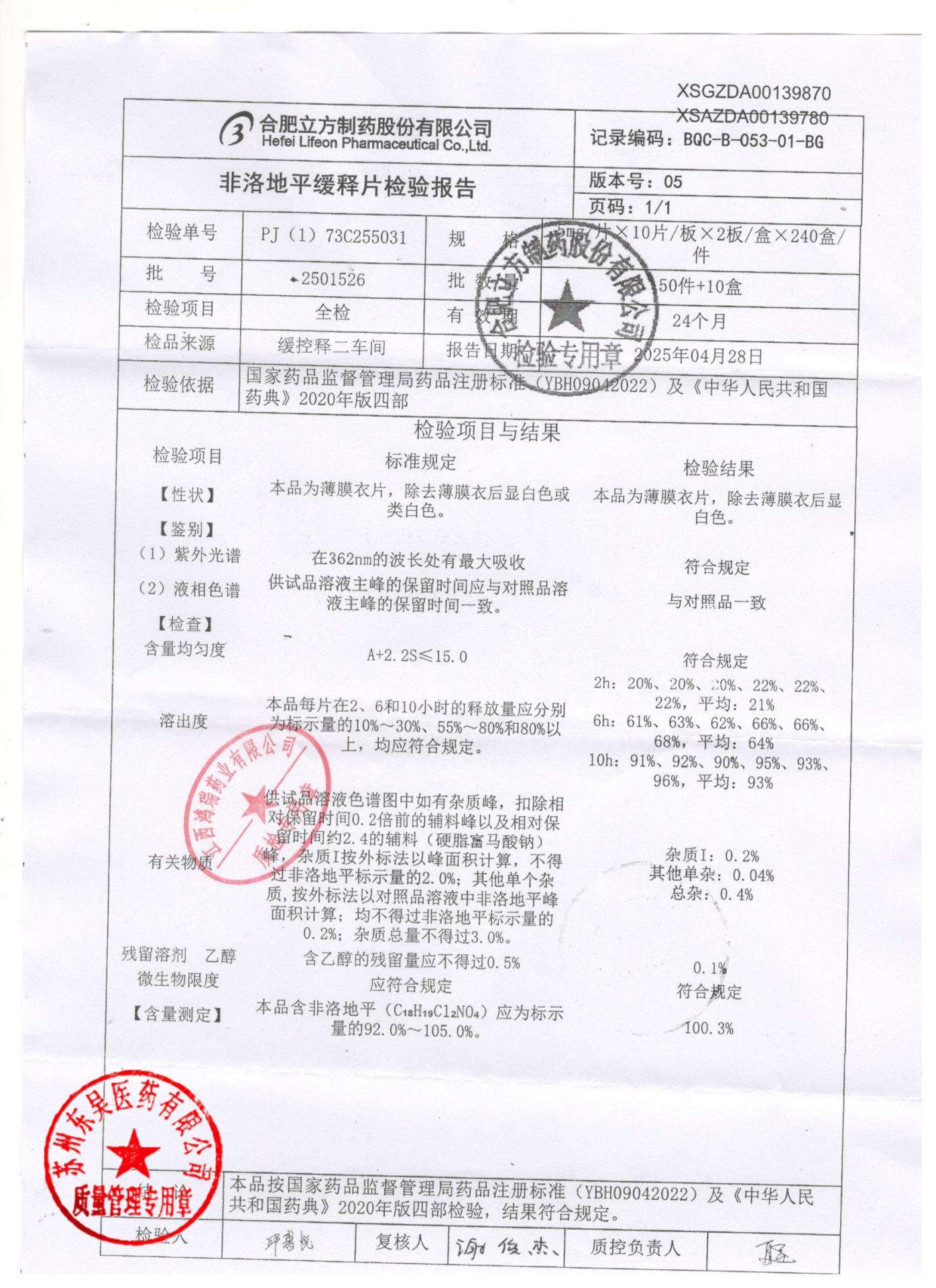 2501526非洛地平缓释片