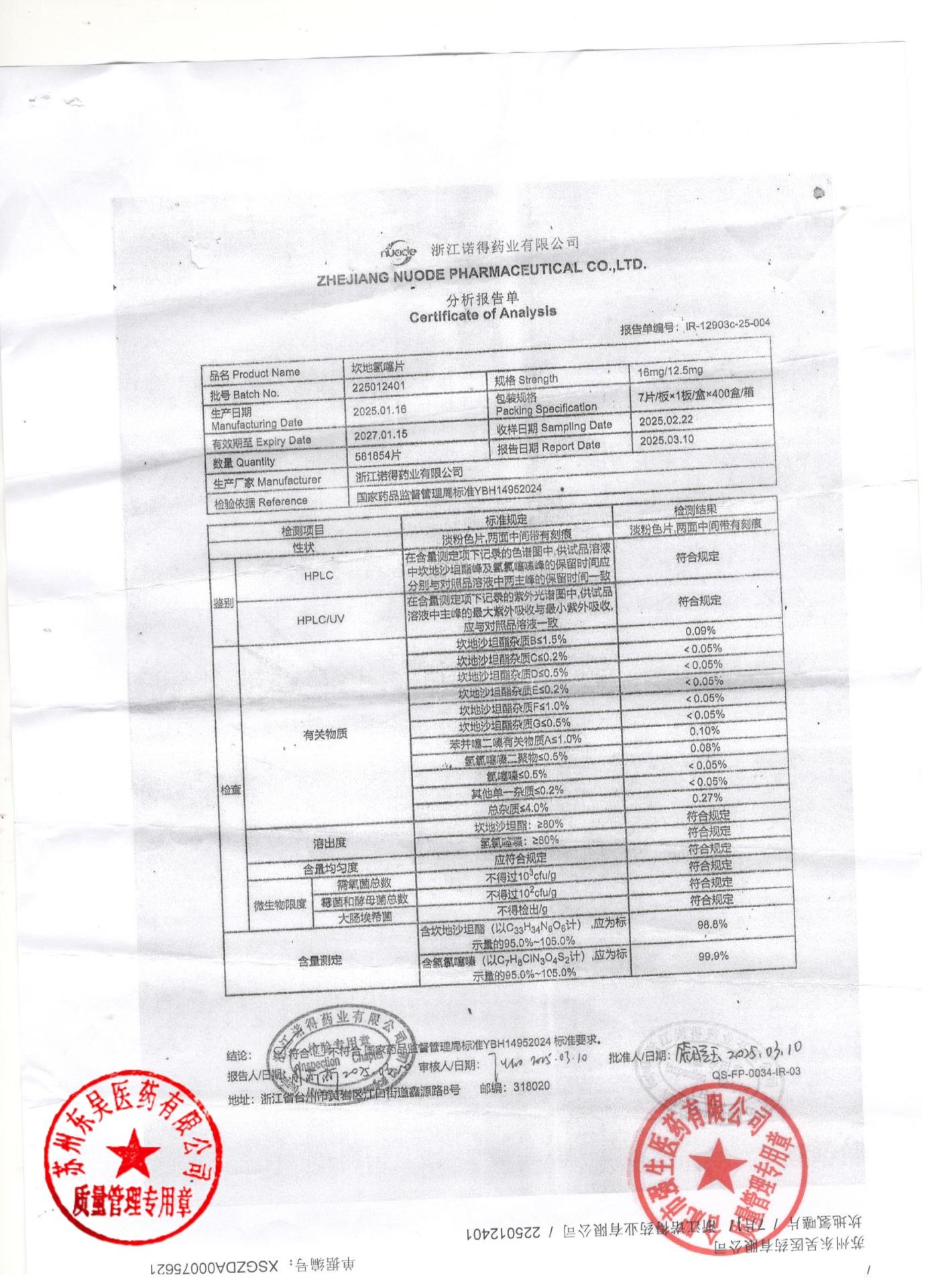 225012401坎地氢噻片