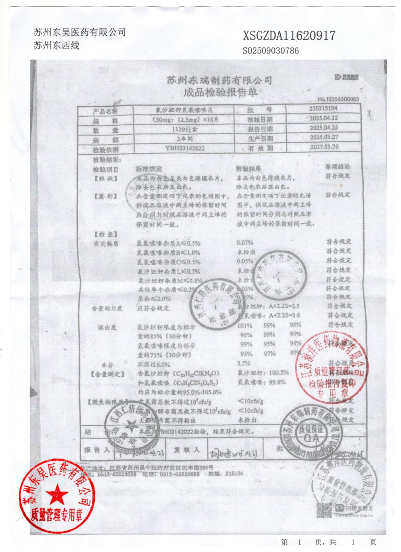 250315104氯沙坦钾氢氯噻嗪片