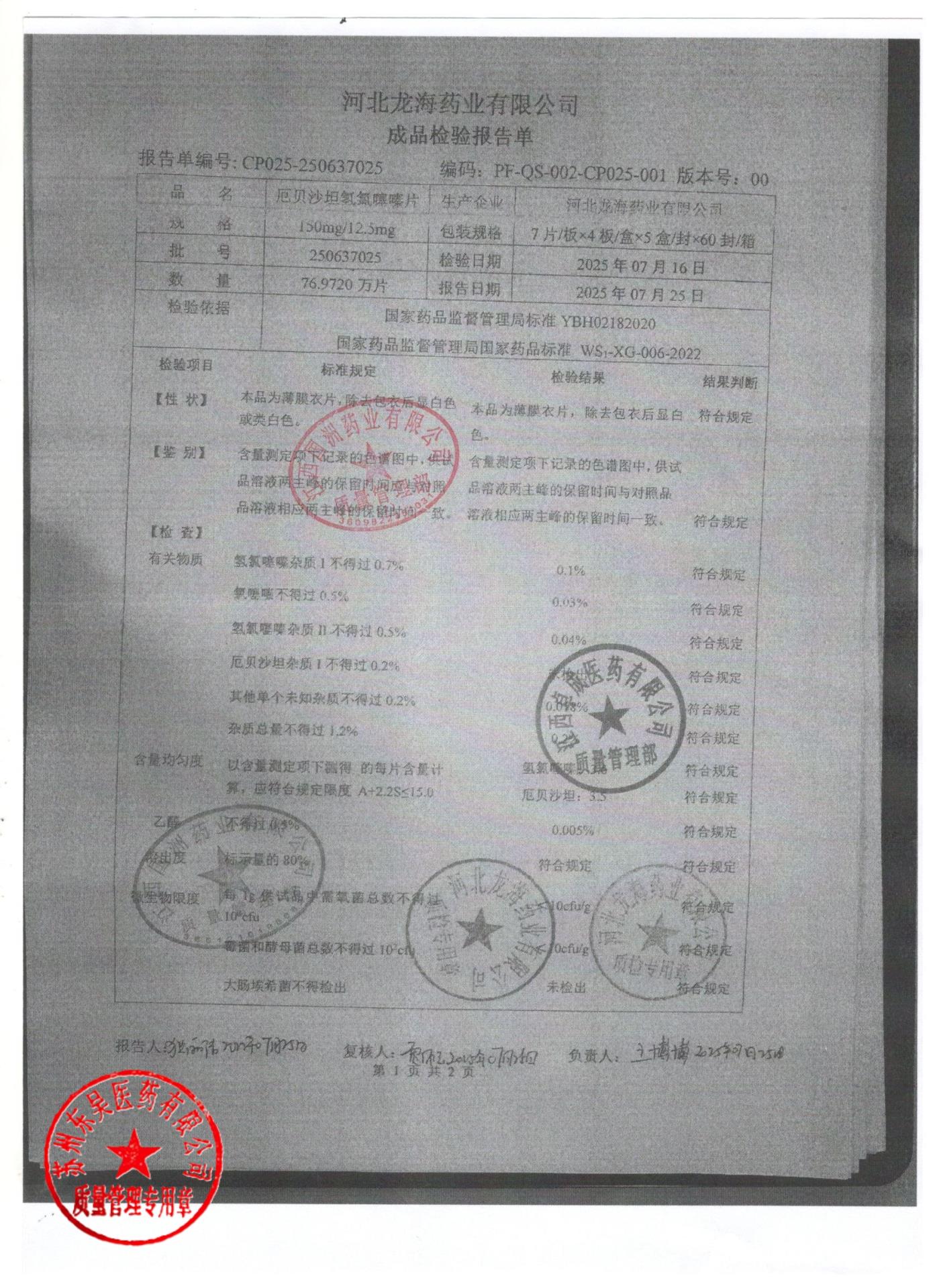 250637025厄贝沙坦氢氯噻嗪片1