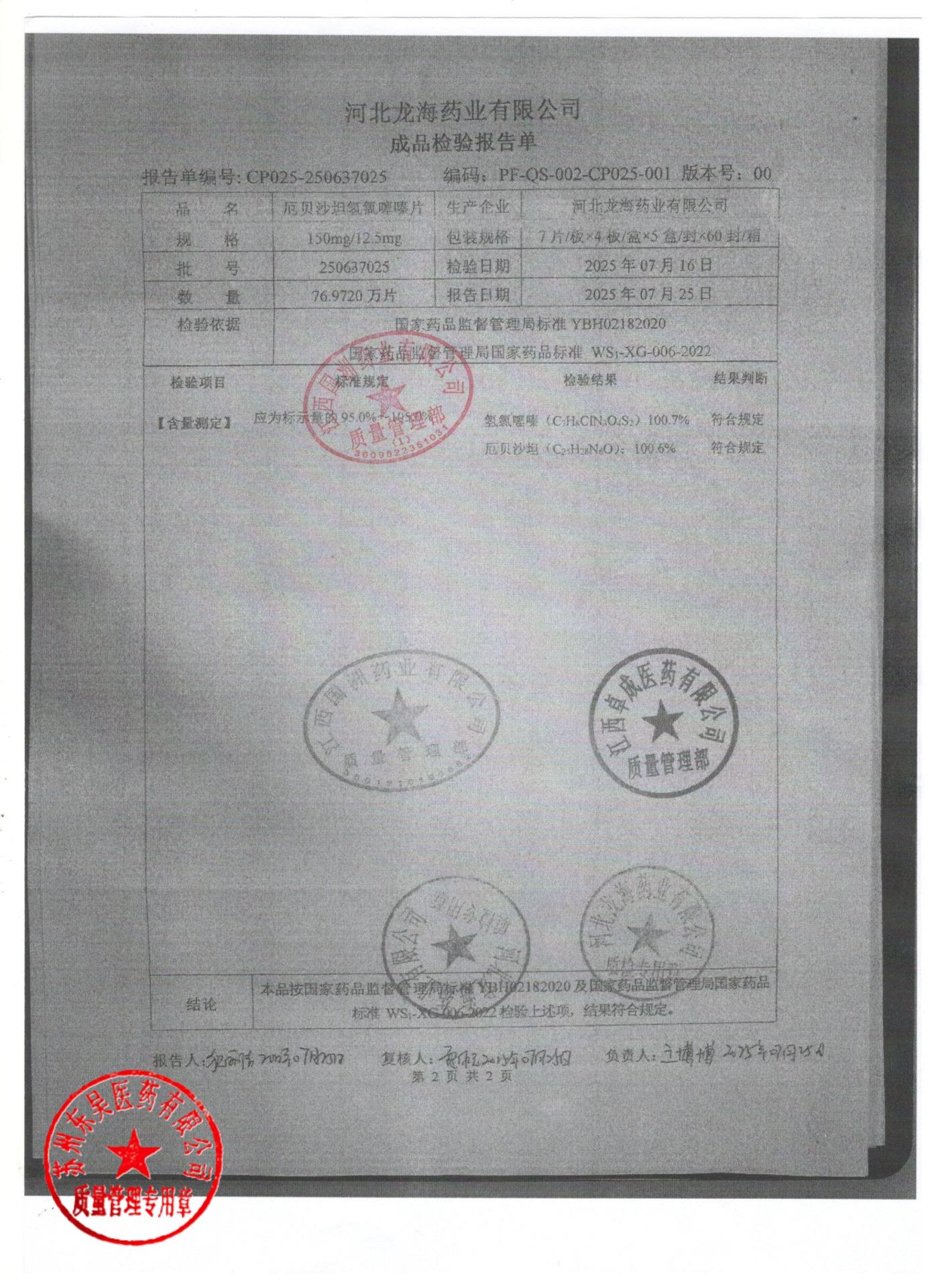 250637025厄贝沙坦氢氯噻嗪片2