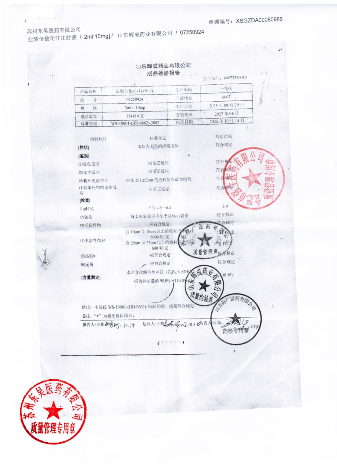 07250924盐酸倍他司汀注射液