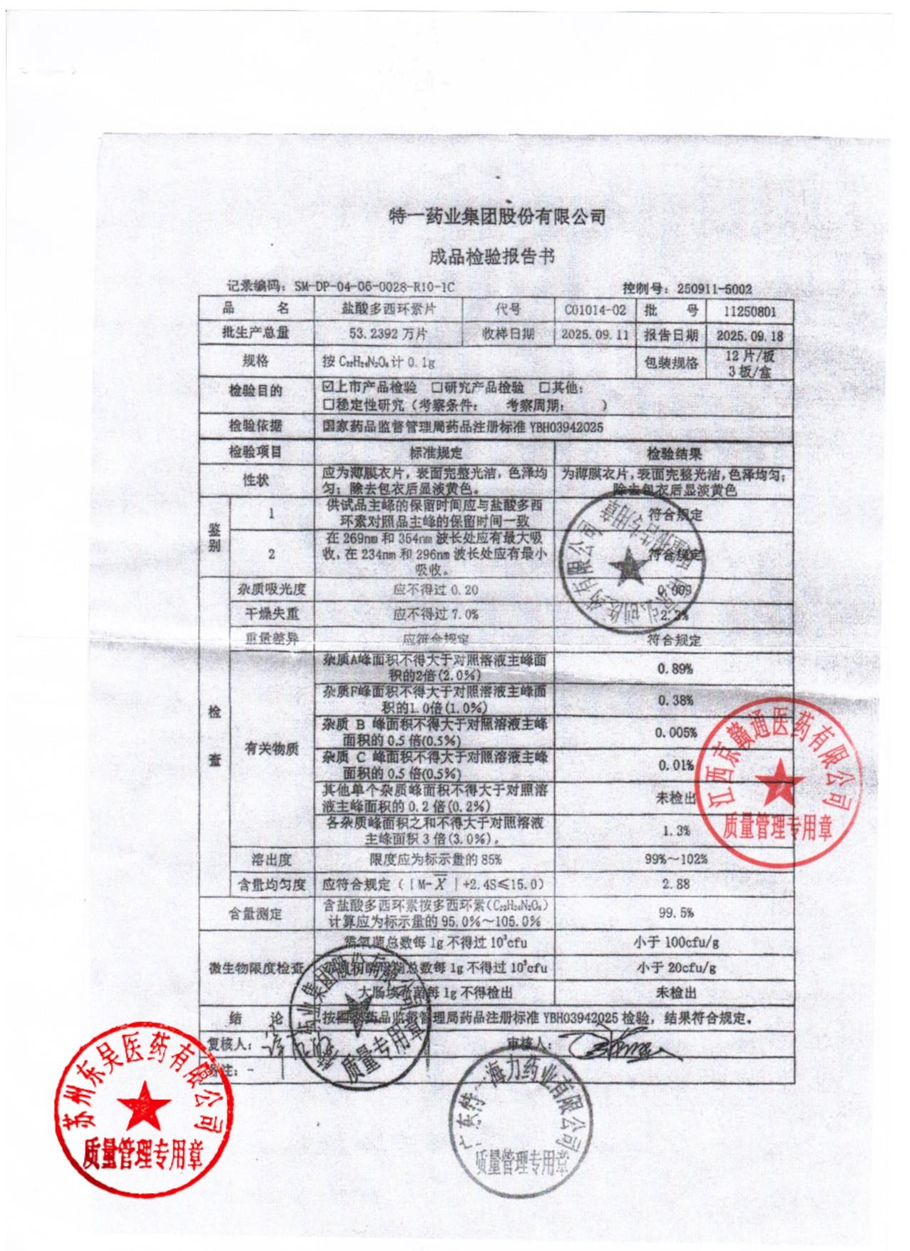11250801盐酸多西环素片