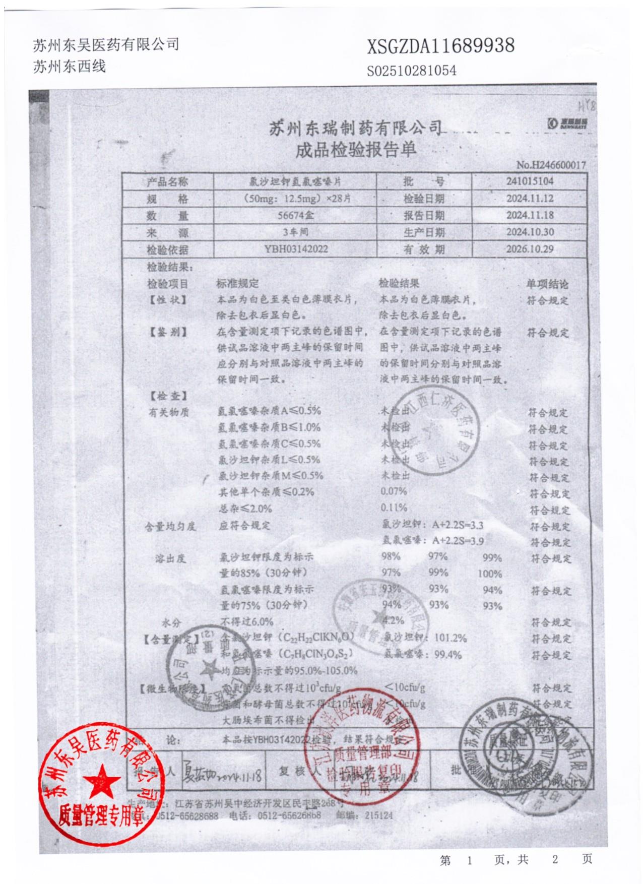 241015104氯沙坦钾氢氯噻嗪片