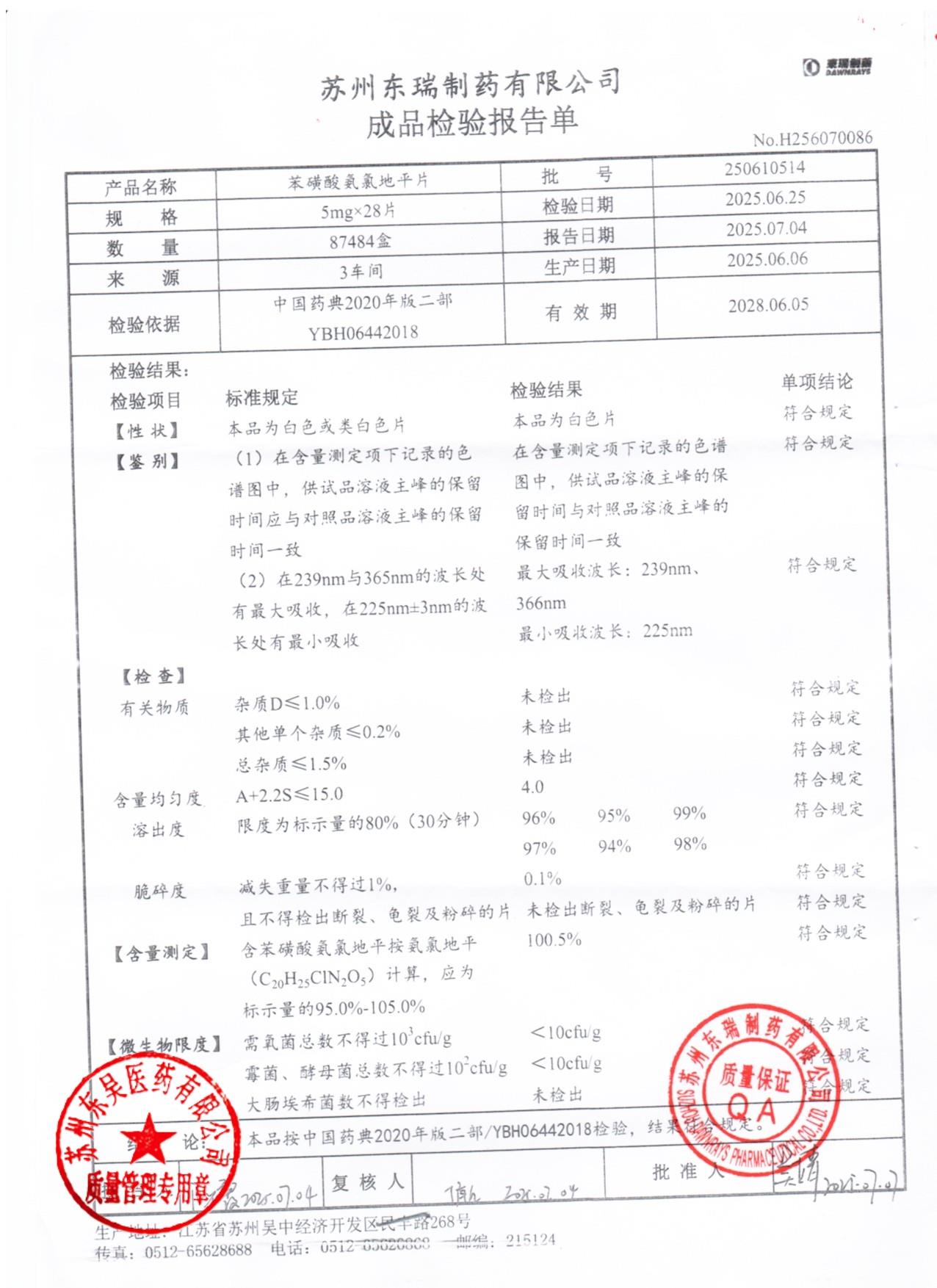 250610514苯磺酸氨氯地平片