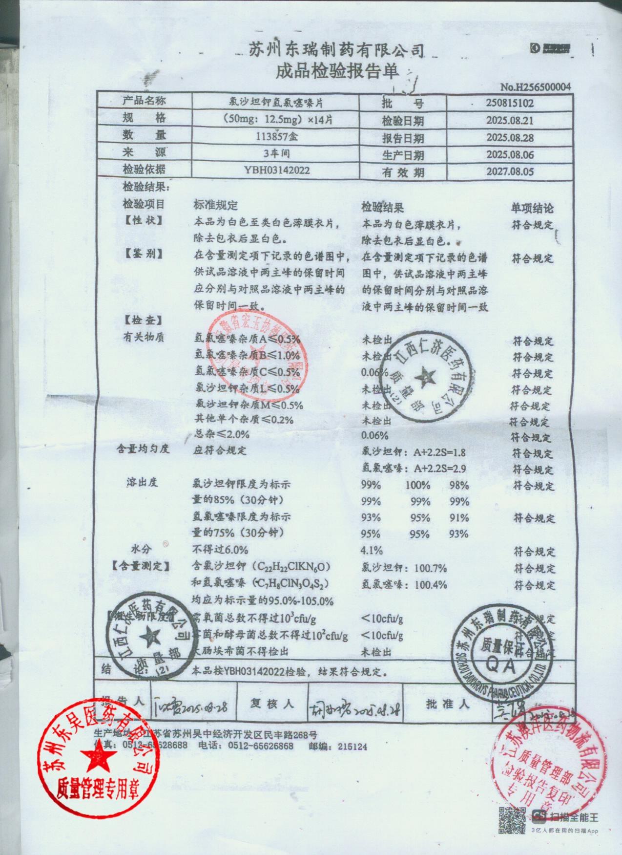 250815102氯沙坦钾氢氯噻嗪片