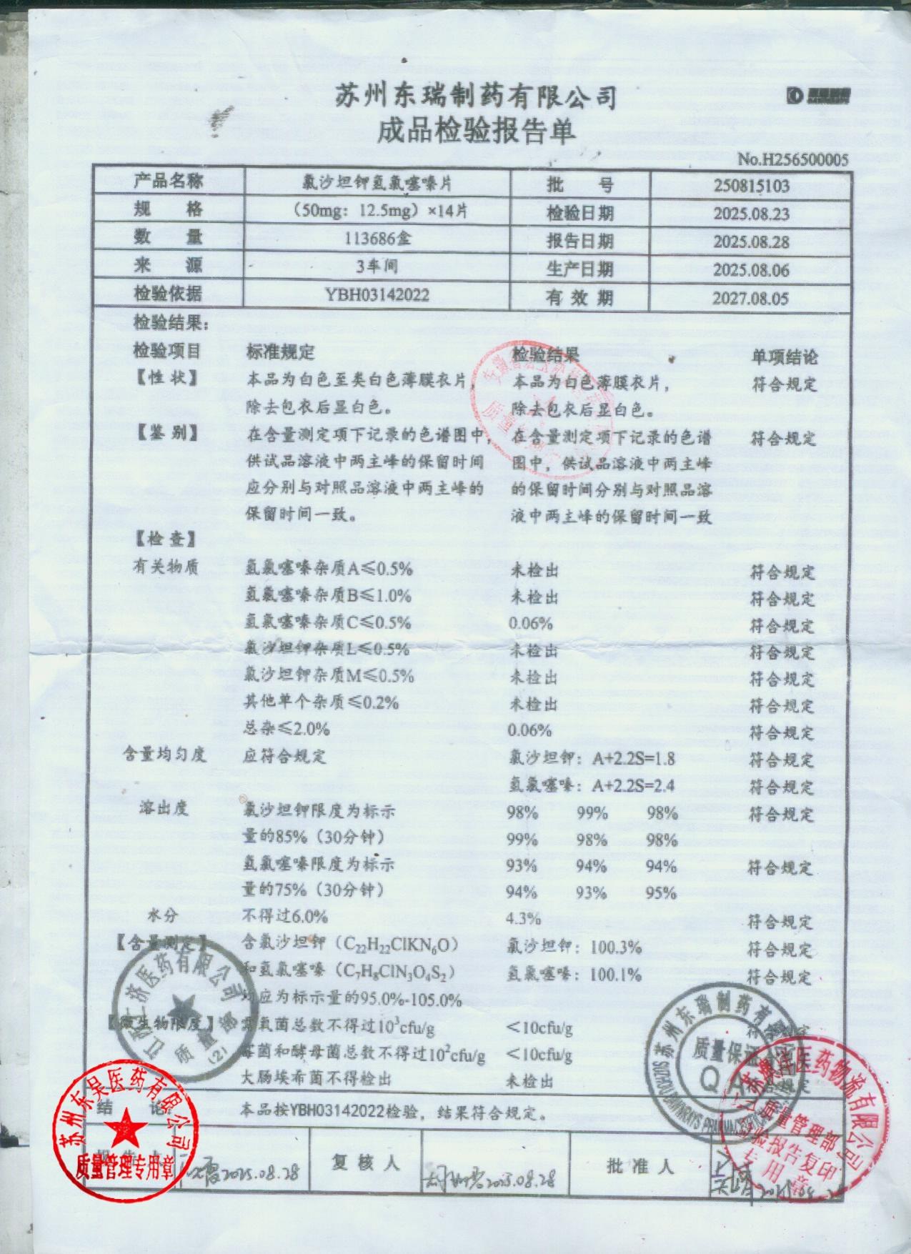 250815103氯沙坦钾氢氯噻嗪片
