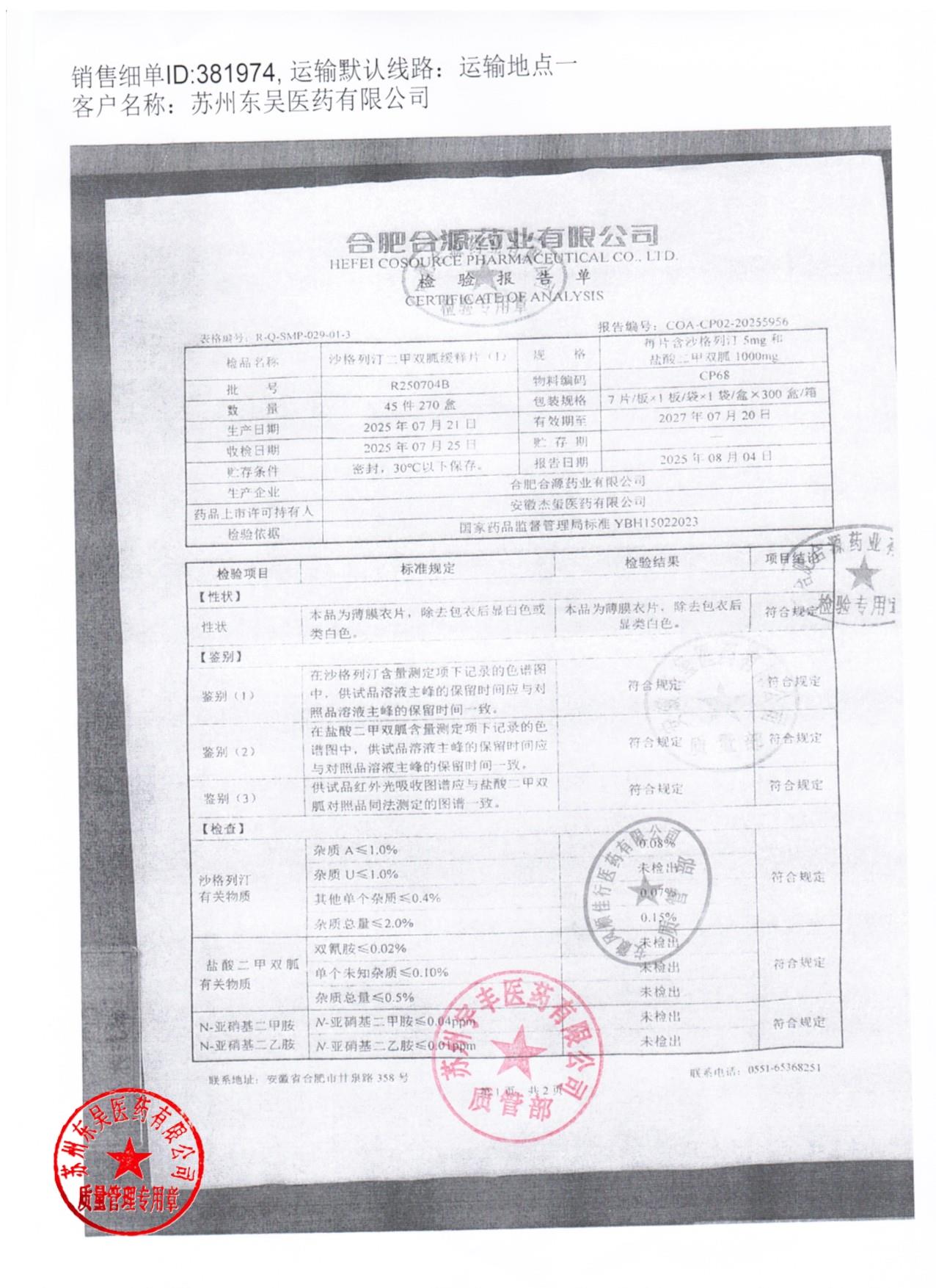 R250704B沙格列汀二甲双胍缓释片（I）1