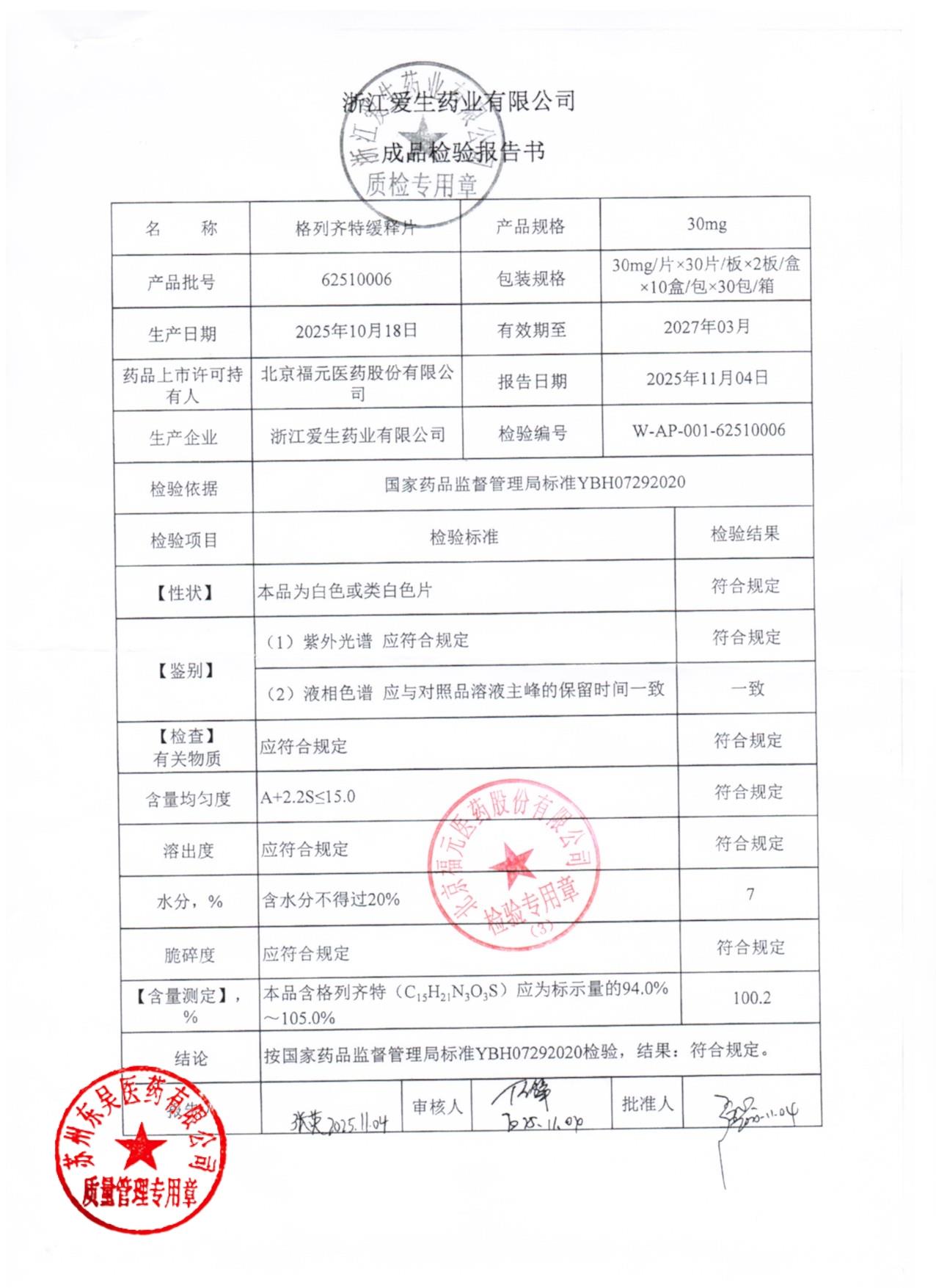 62510006格列齐特缓释片
