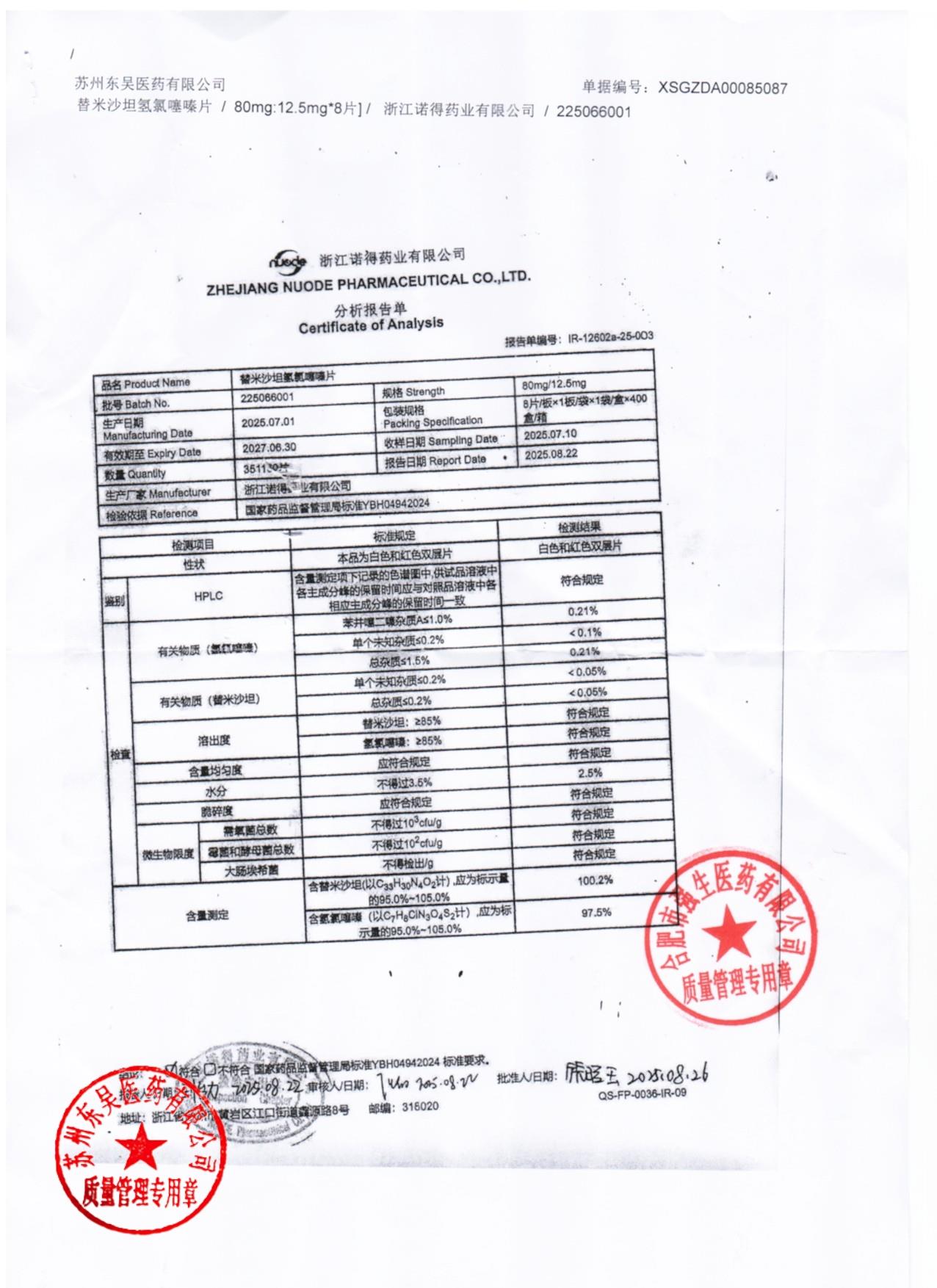 225066001替米沙坦氢氯噻嗪片