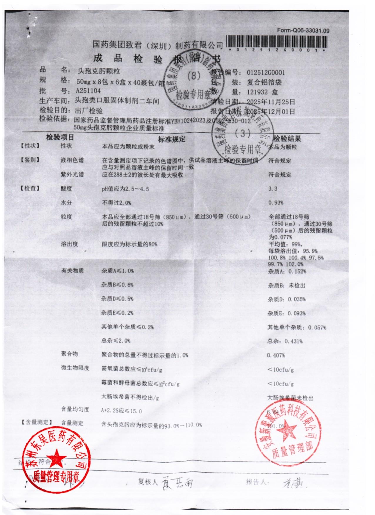 A251104头孢克肟颗粒