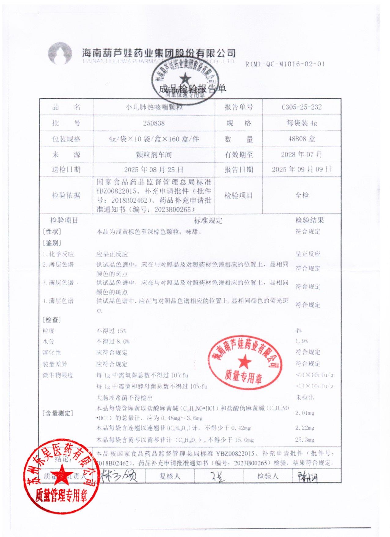 250838小儿肺热咳喘颗粒