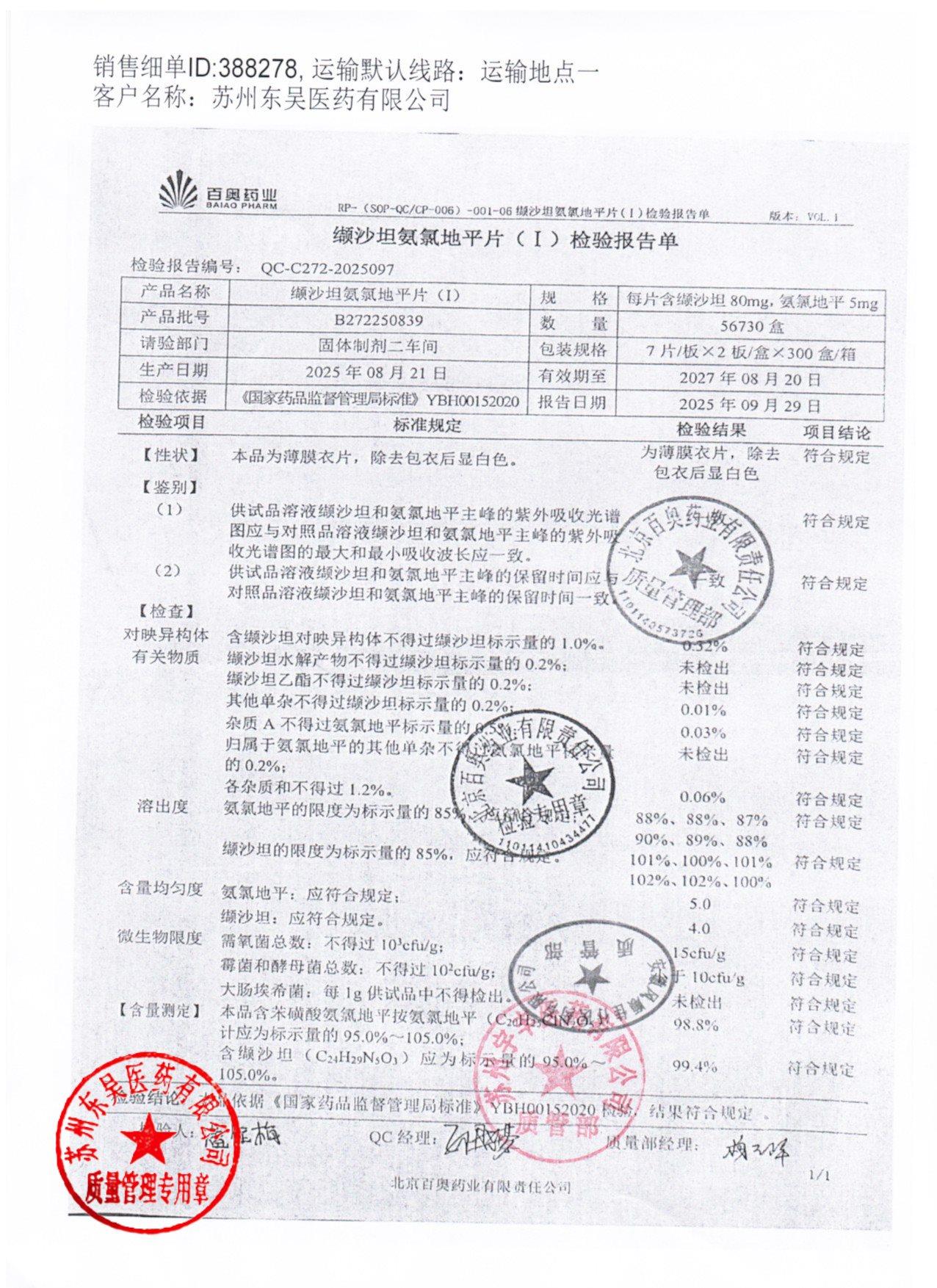 B272250839缬沙坦氨氯地平片