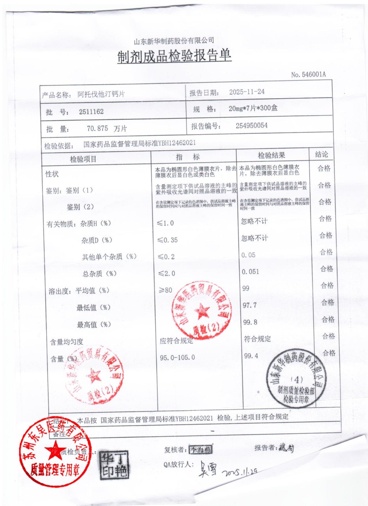 2511162阿托伐他汀钙片