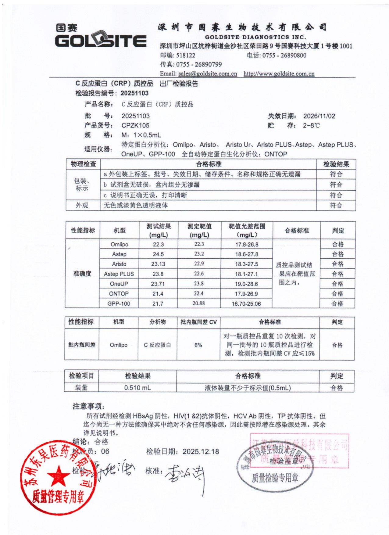 20251103 C反应蛋白（CRP）质控品