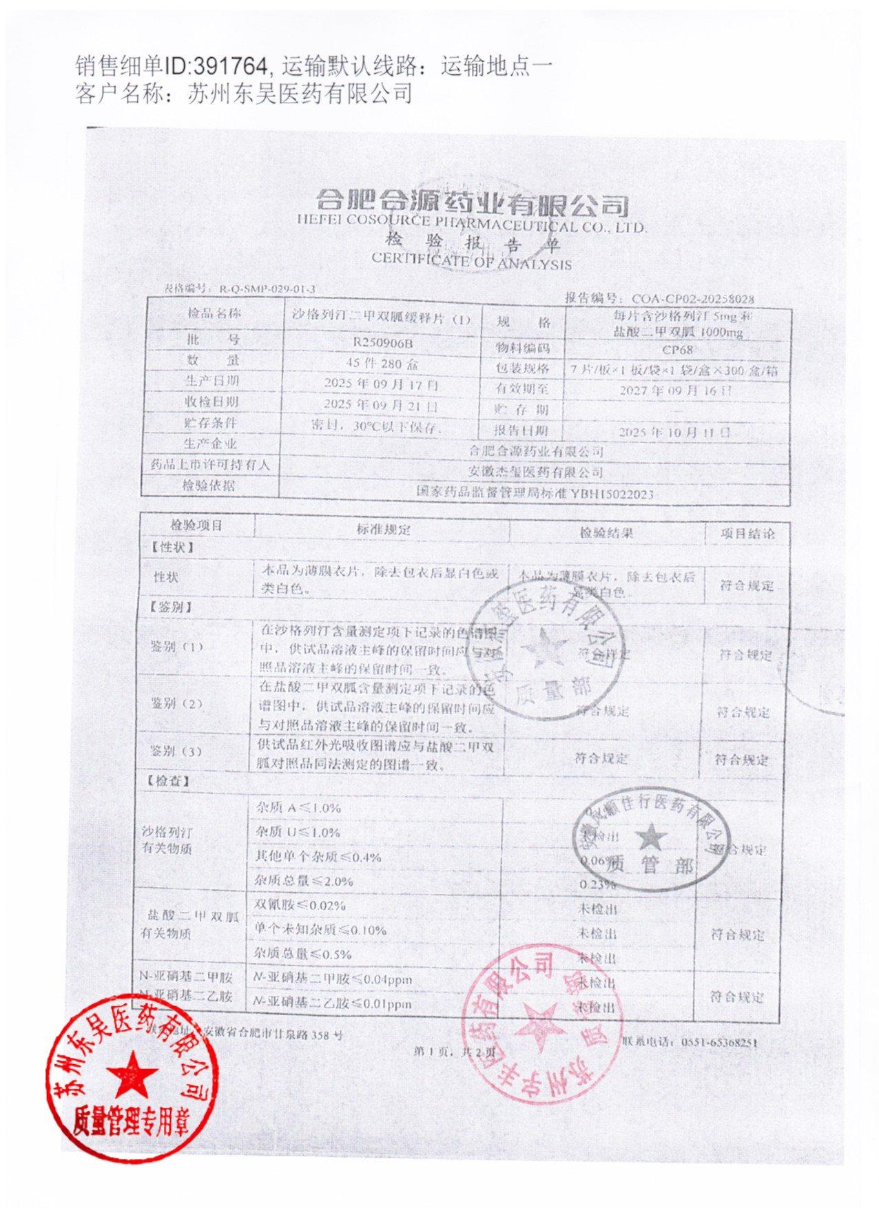 R250906B沙格列汀二甲双胍缓释片（I）1