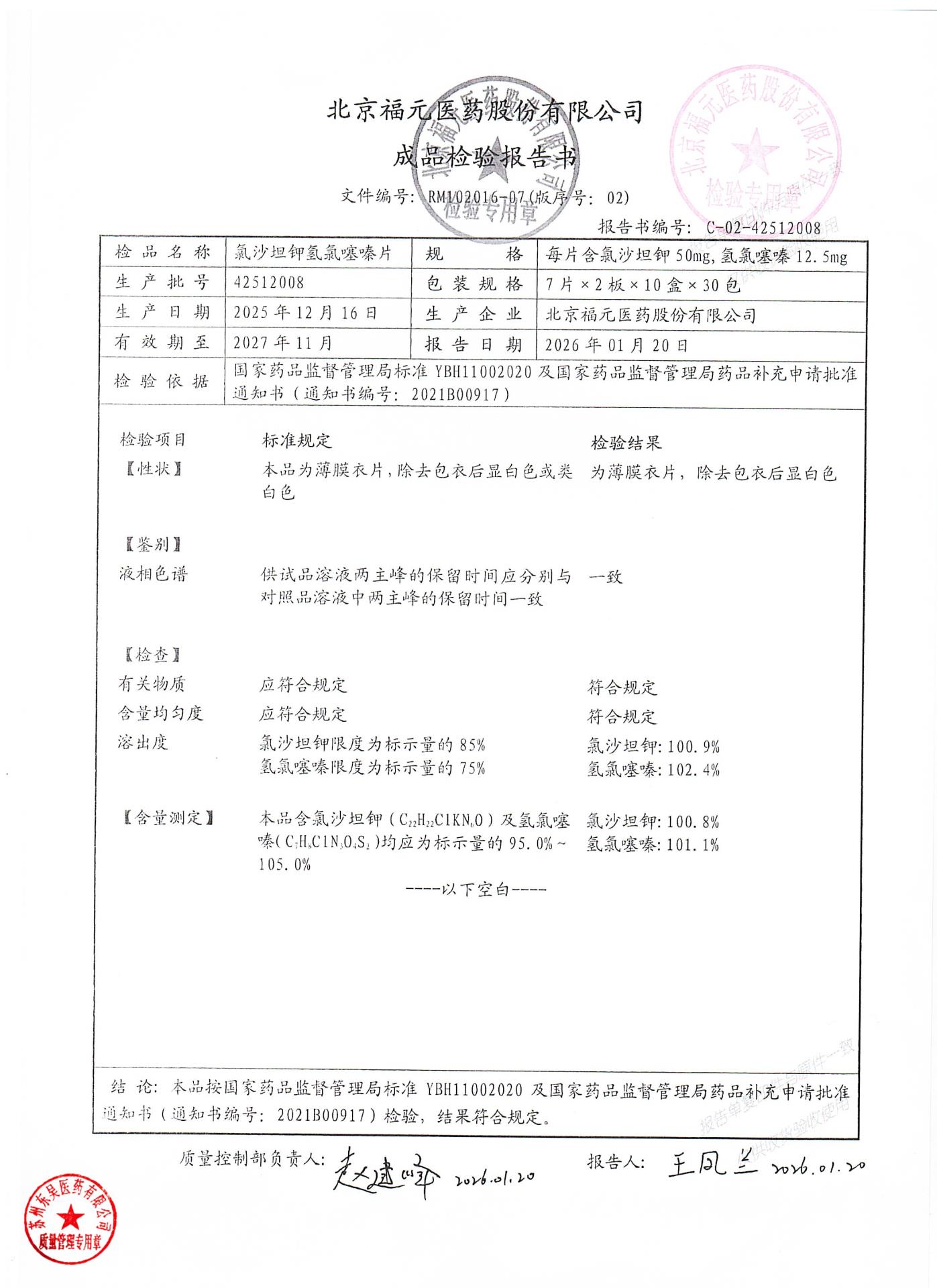 42512008氯沙坦钾氢氯噻嗪片