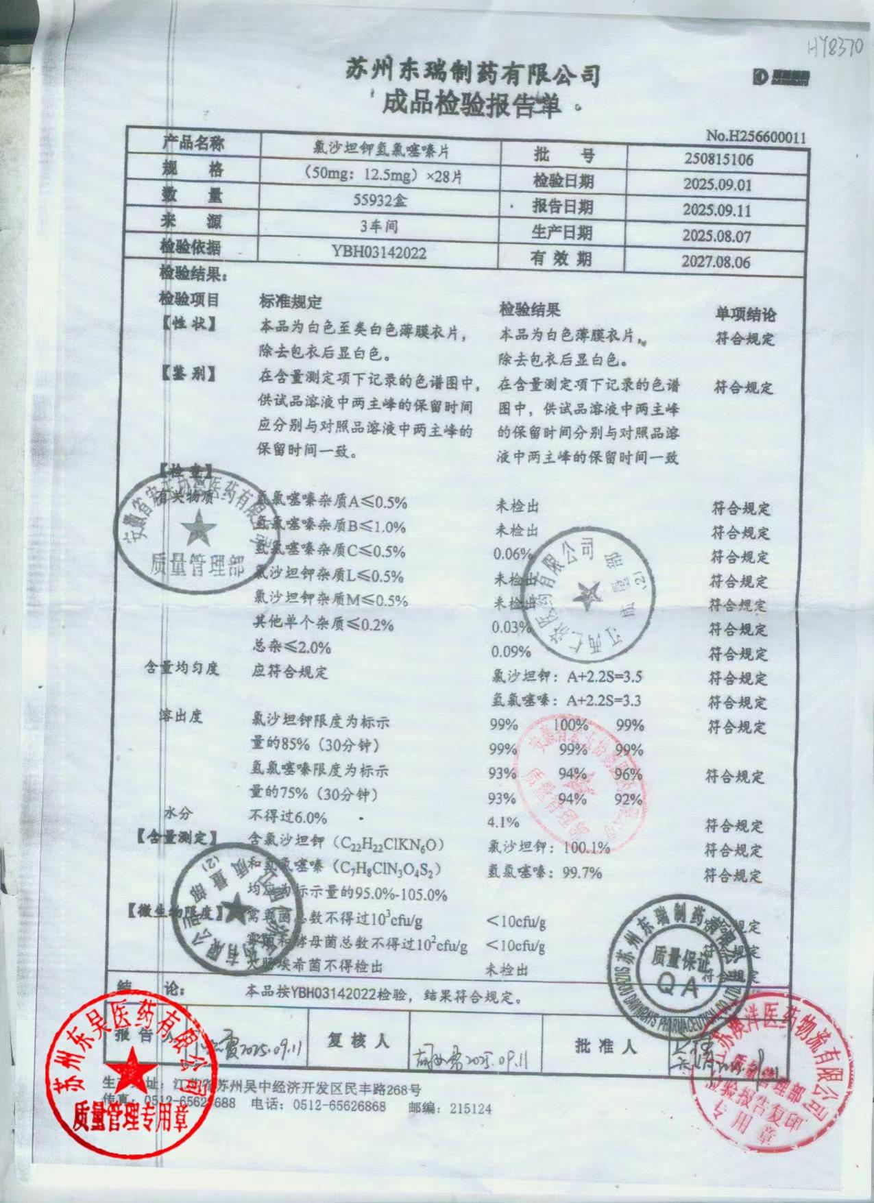 250815106氯沙坦钾氢氯噻嗪片