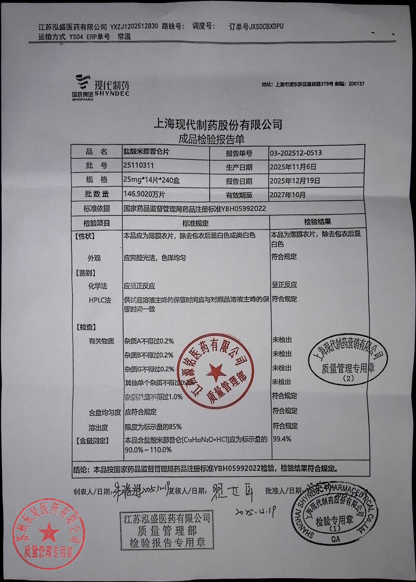 25110311盐酸米那普仑片