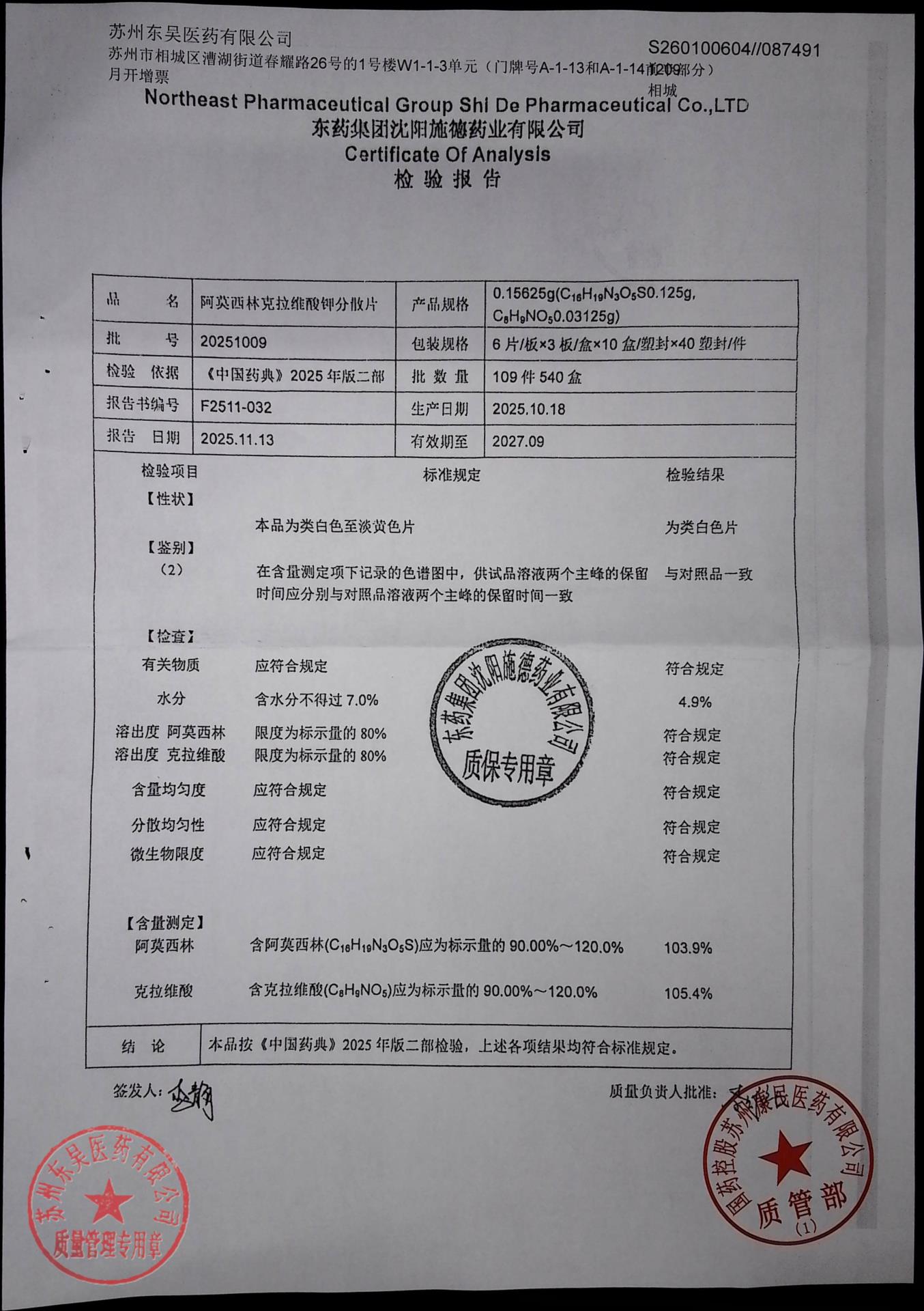 20251009阿莫西林克拉维酸钾分散片