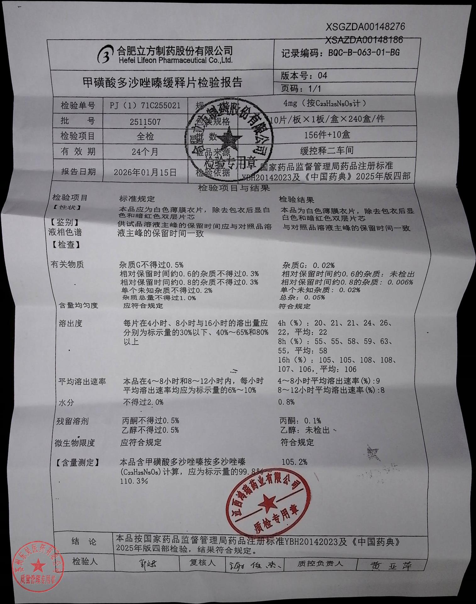 2511507甲磺酸多沙唑嗪缓释片