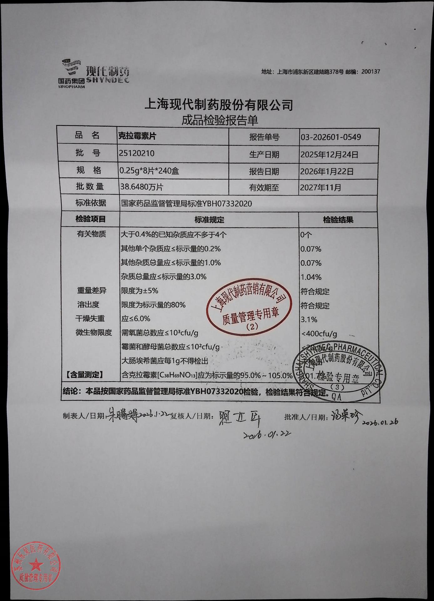 25120210克拉霉素片2